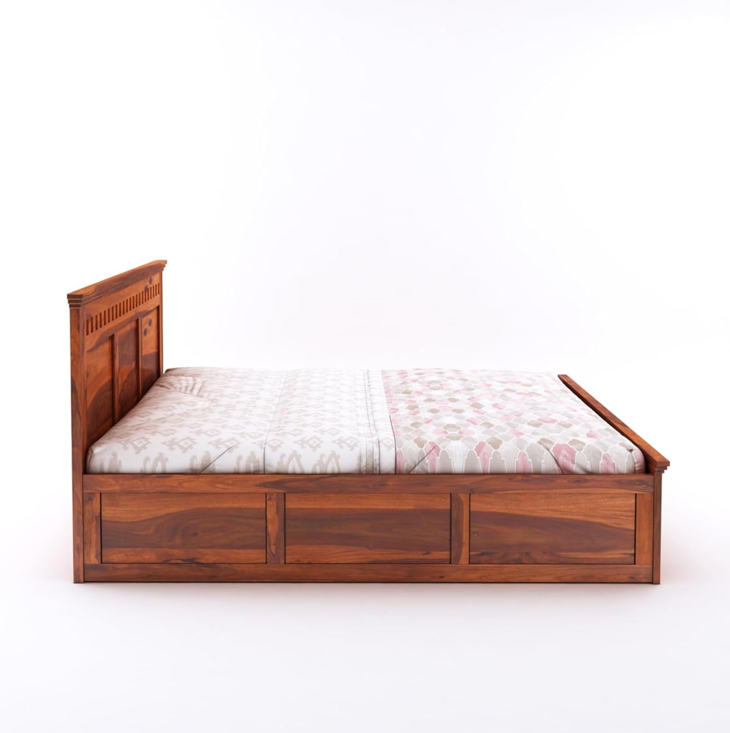 King Size Sheesham Wood Bed with Box Storage – Wooden Double Bed with White Upholstered Cushioned Headboard for Bedroom (Teak Finish), Supports Mattress up to 8 Inches