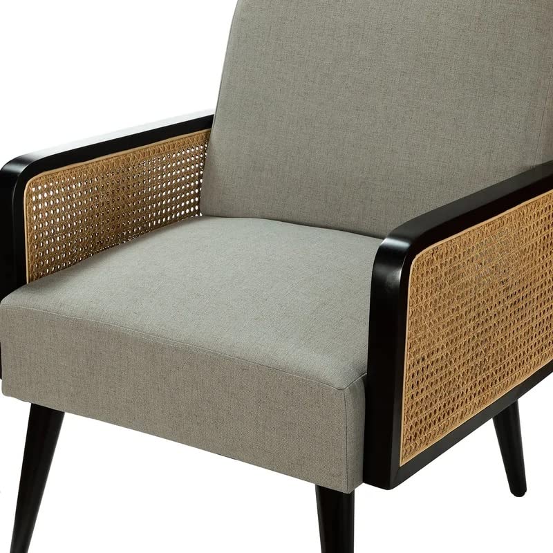 Chair with beige cushion and wicker armrests on a white background