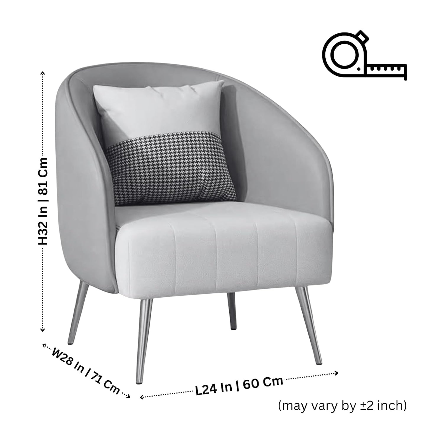 Gray armchair with cushions and dimensions displayed on a white background