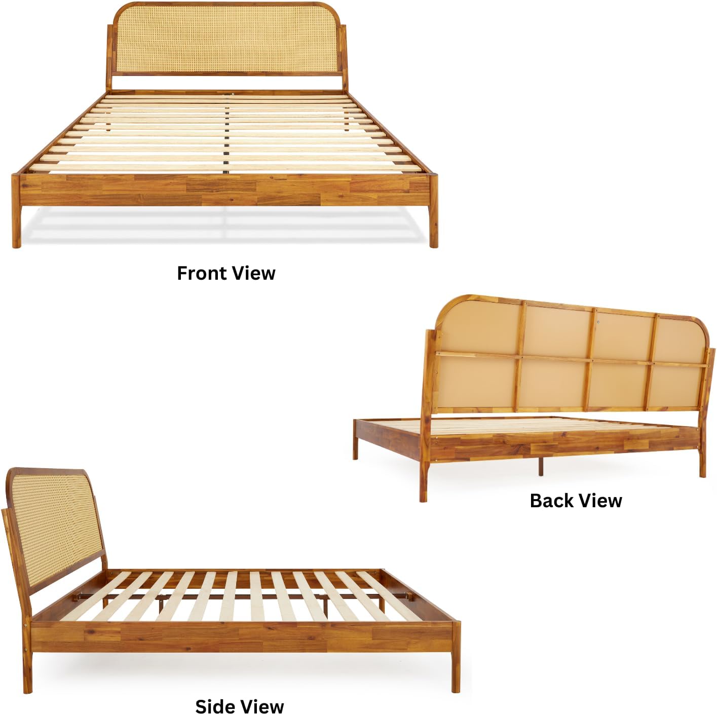 King Size Solid Wood Platform Bed Frame with Rattan Headboard, Bohemian & Mid-Century Modern Style