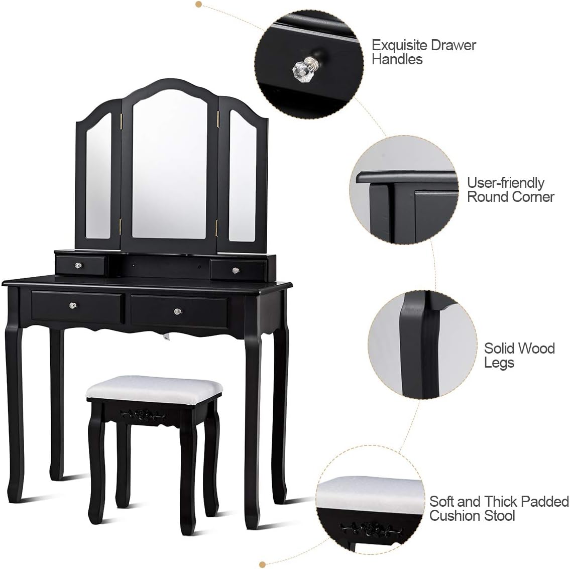 Black vanity table with mirror, stool, and close-up details on a white background