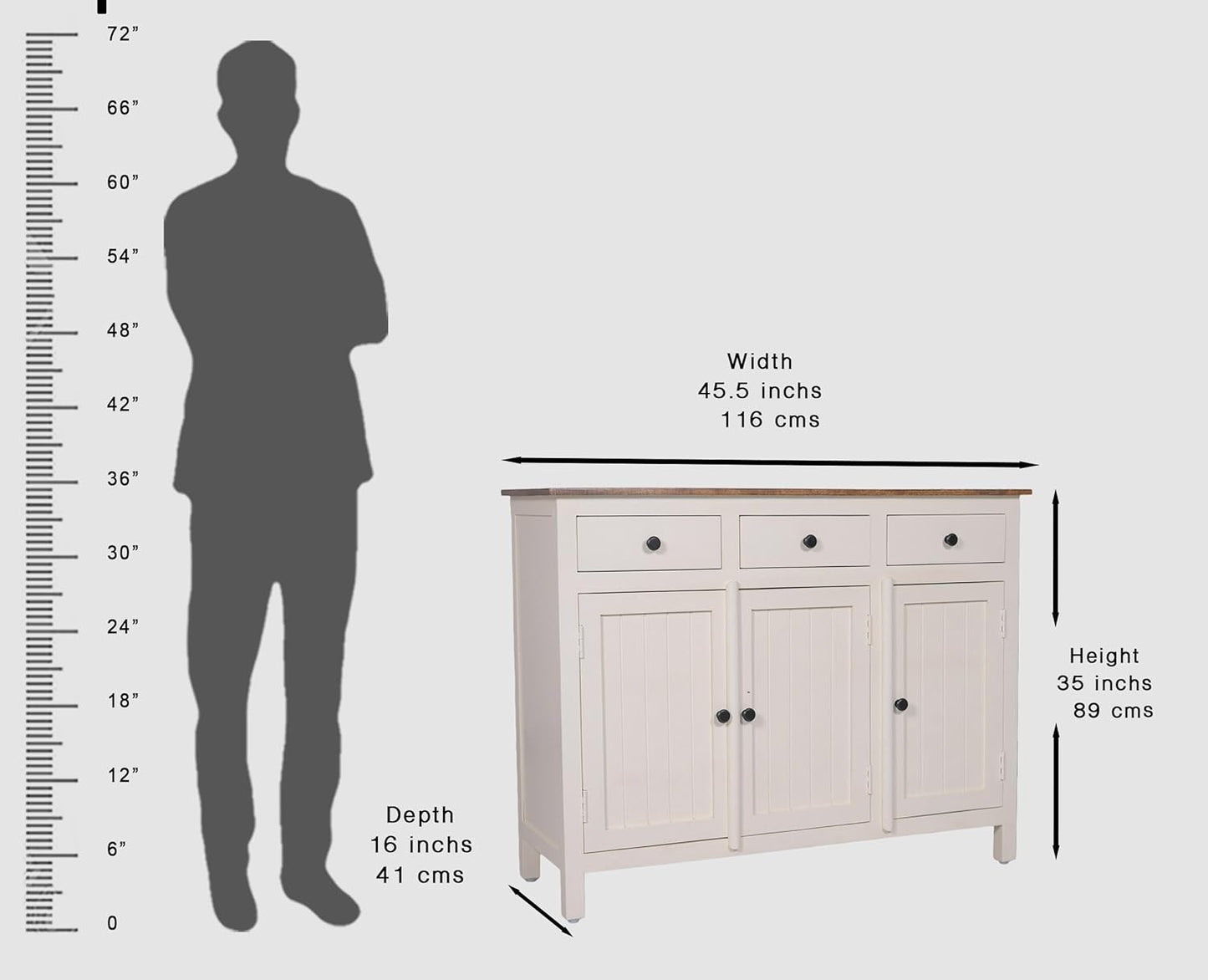 Furniture dimensions shown with a silhouette of a person for scale.