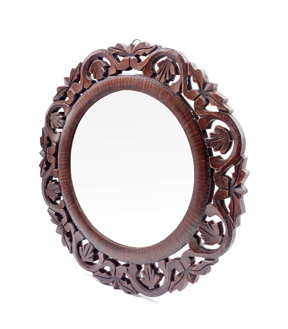 Carved wooden oval mirror with intricate patterns on a white background