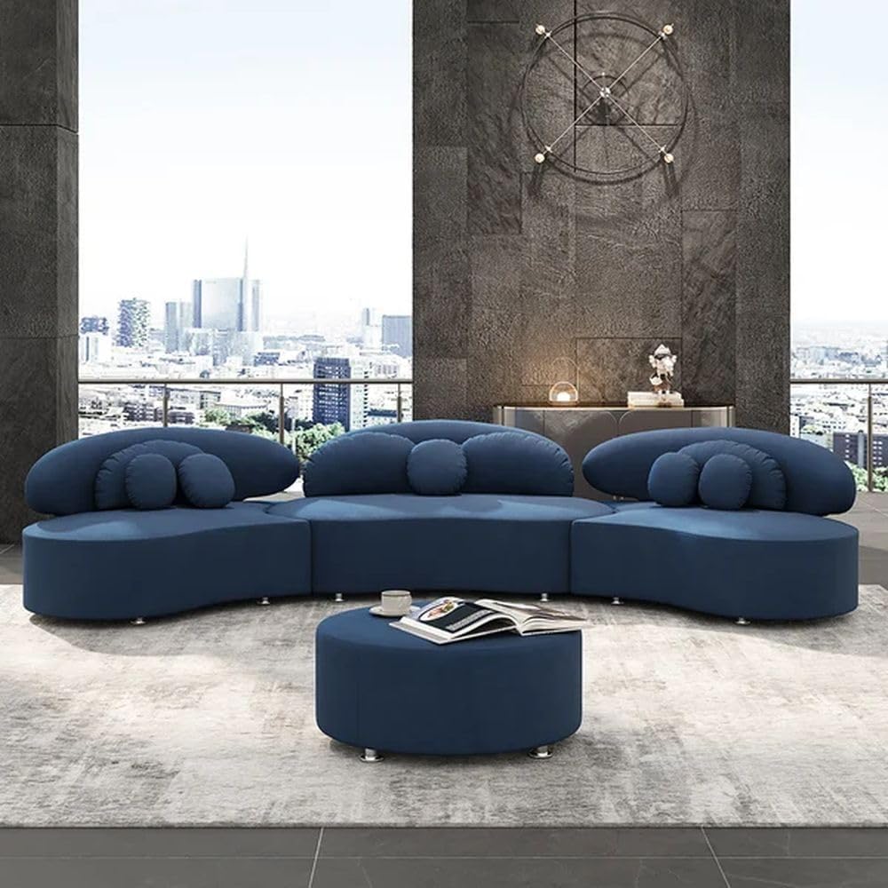 Modern blue sofa set in a stylish room with cityscape view