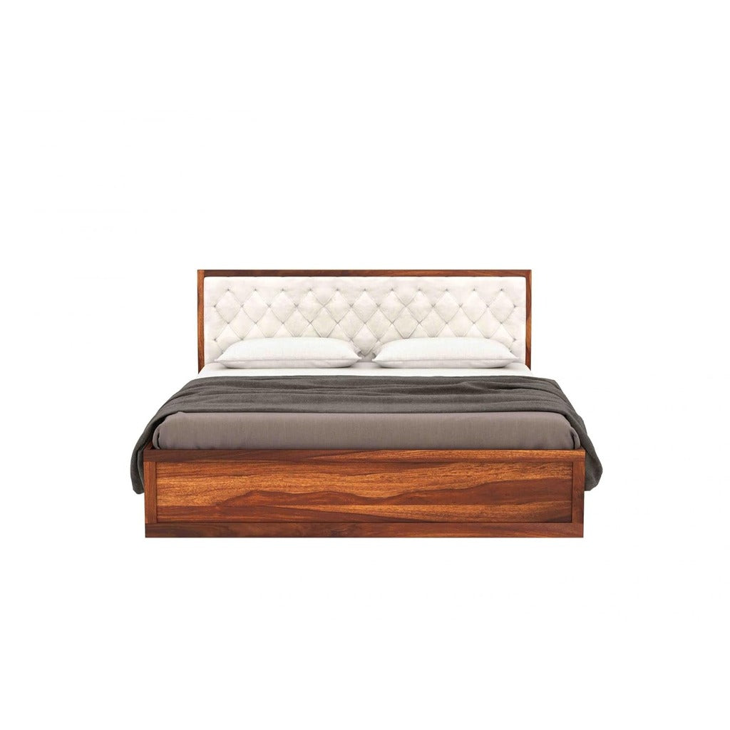King Size Sheesham Wood Bed with Box Storage – Wooden Double Bed with White Upholstered Cushioned Headboard for Bedroom (Teak Finish), Supports Mattress up to 8 Inches