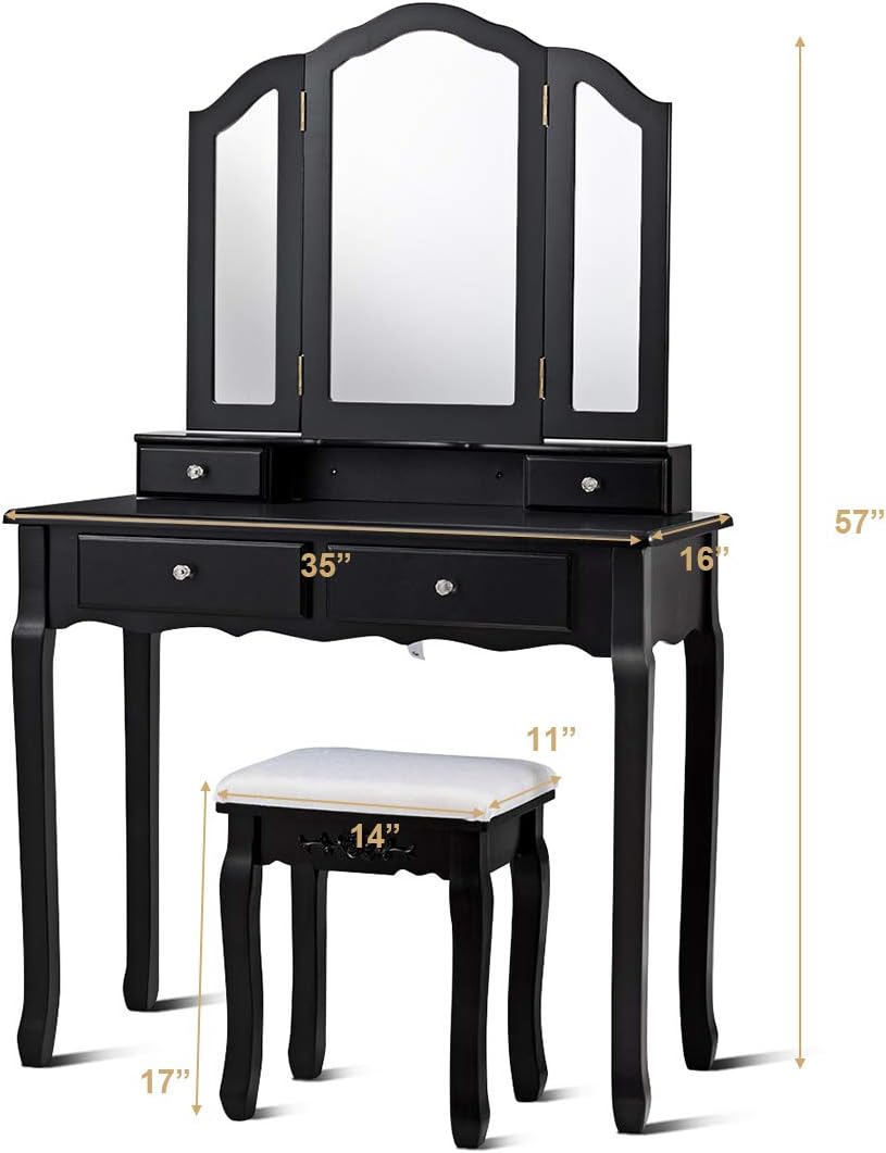Black vanity table with mirror and stool, featuring measurements on a white background