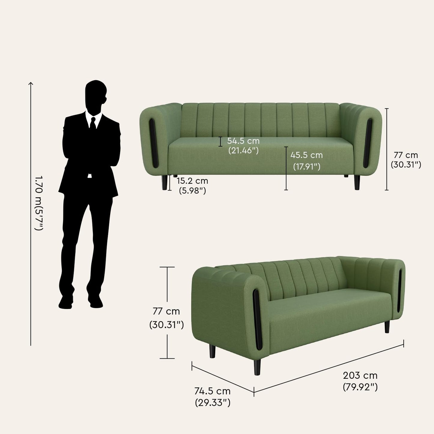 Modern Green 3-Seater Sofa | Fabric Upholstery | Solid Wood Frame