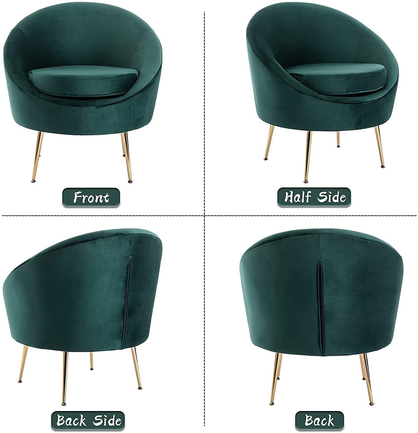 Green armchair shown from multiple angles on a white background