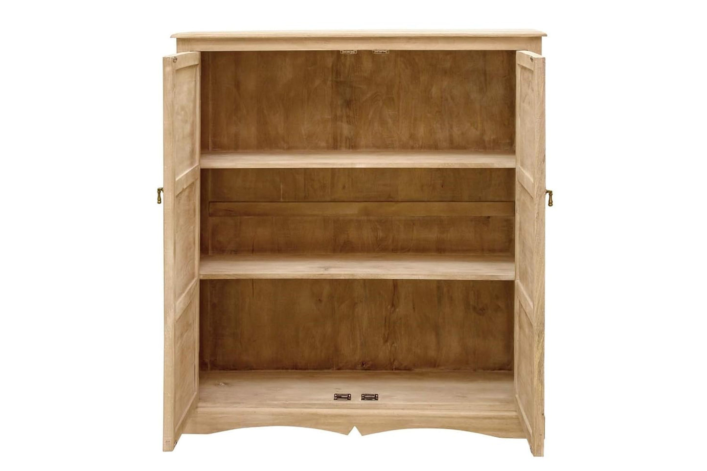 Wooden bookshelf with open doors on a white background