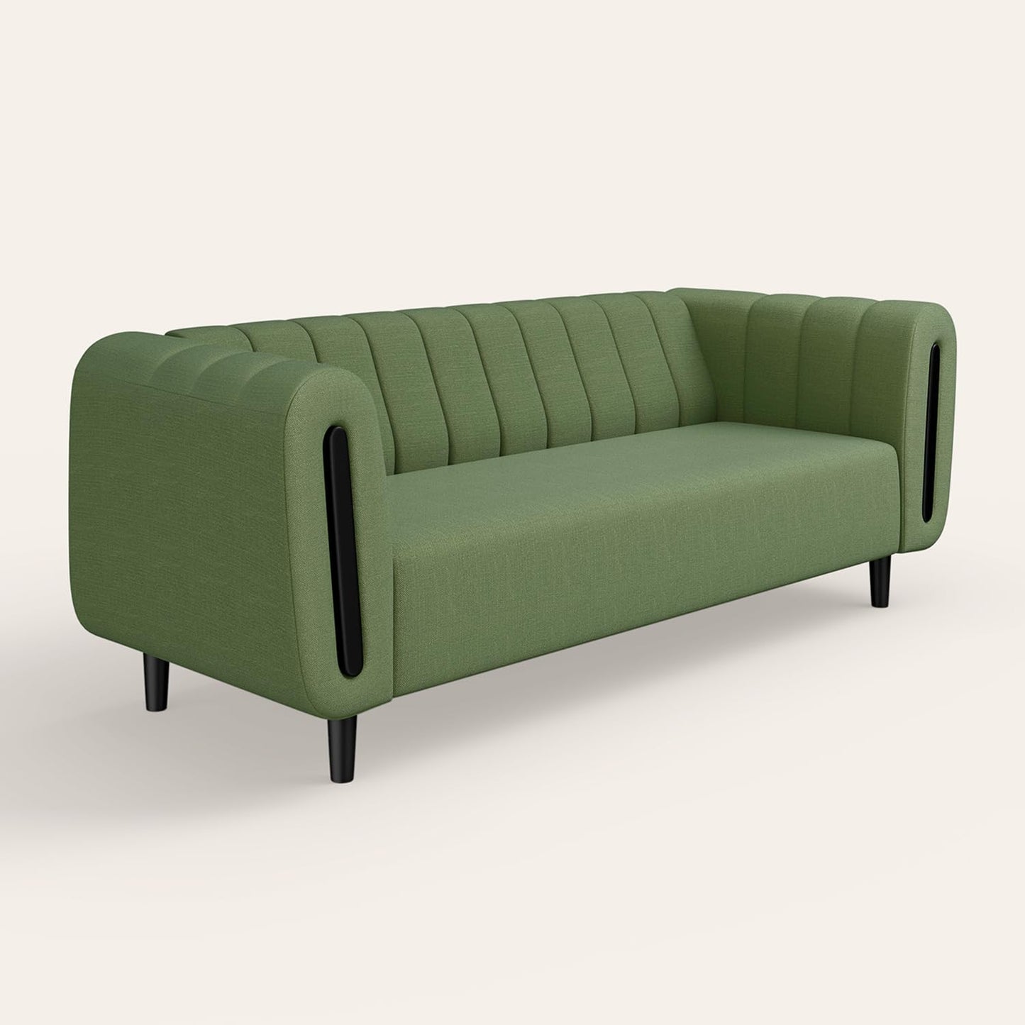 Green sofa with black legs on a white background