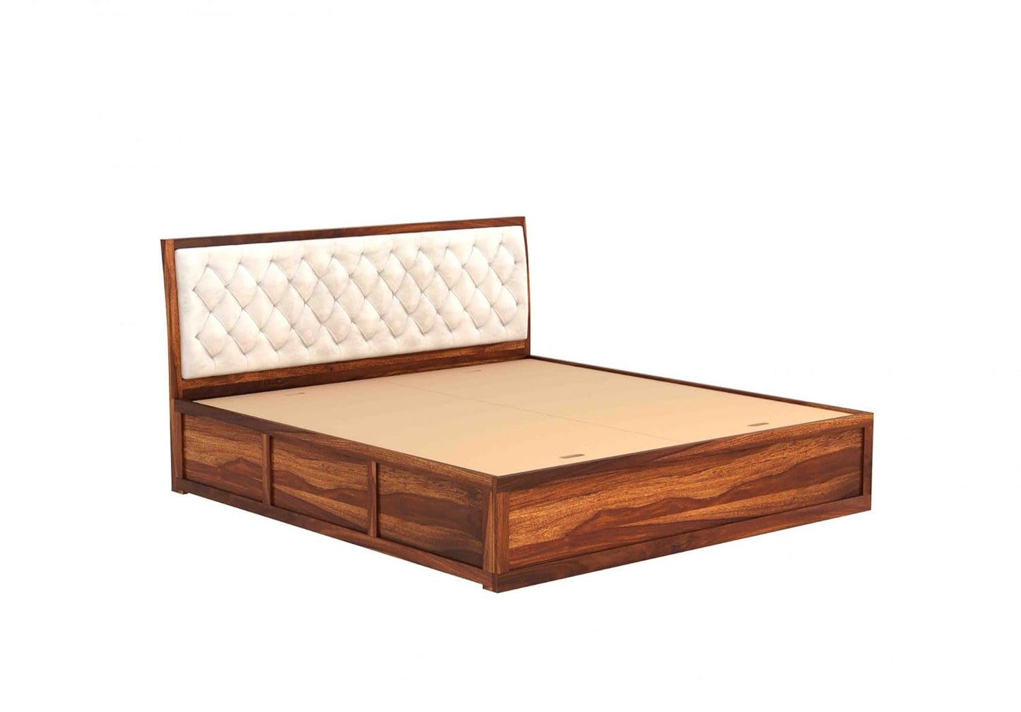 King Size Sheesham Wood Bed with Box Storage – Wooden Double Bed with White Upholstered Cushioned Headboard for Bedroom (Teak Finish), Supports Mattress up to 8 Inches