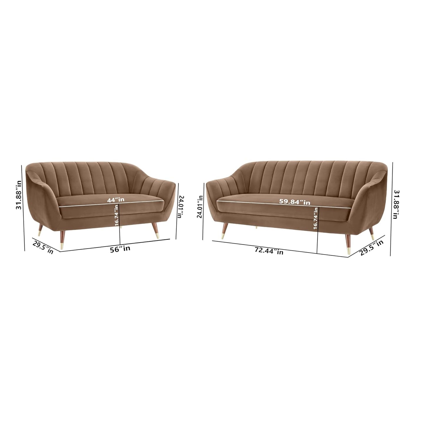 Brown sofa with dimensions displayed on a white background