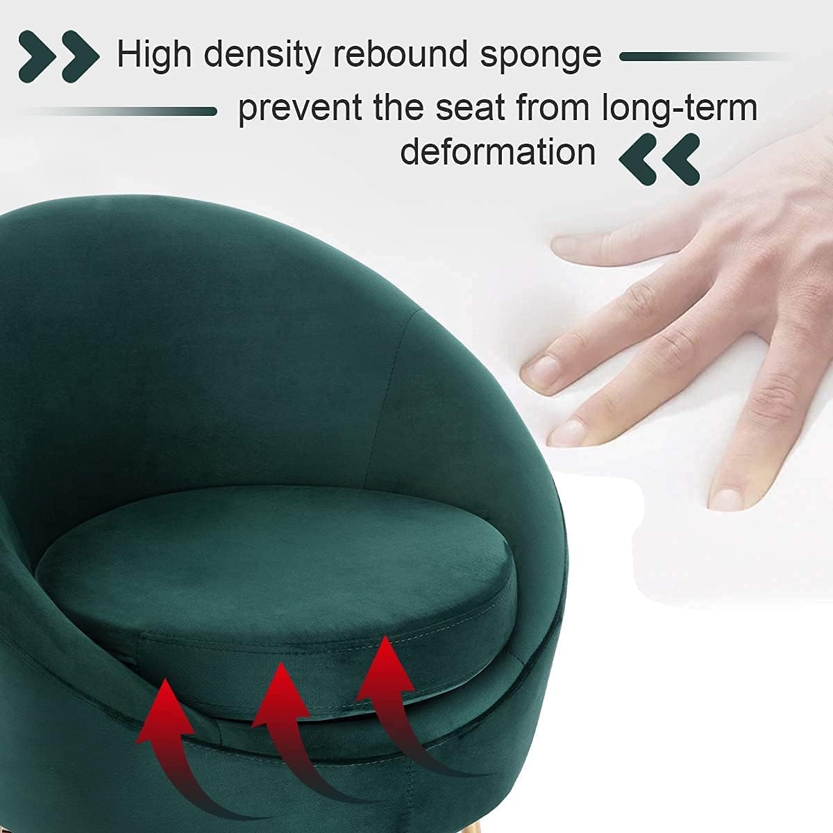Green chair with high-density rebound sponge feature highlighted, showing a hand pressing into a white cushion.