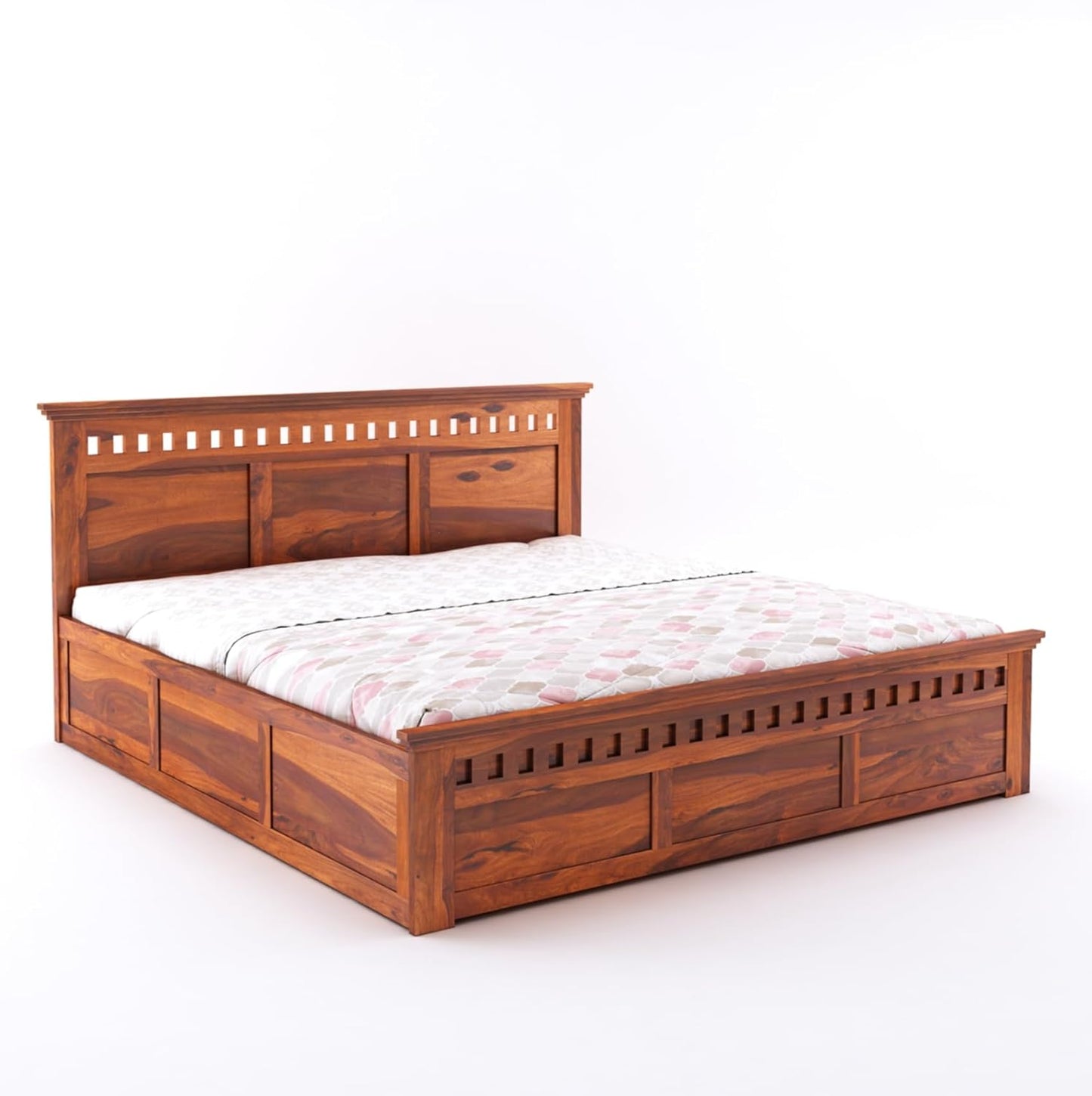 King Size Sheesham Wood Bed with Box Storage – Solid Wooden Double Bed Frame for Bedroom, Living Room, or Hotel (Honey Finish)