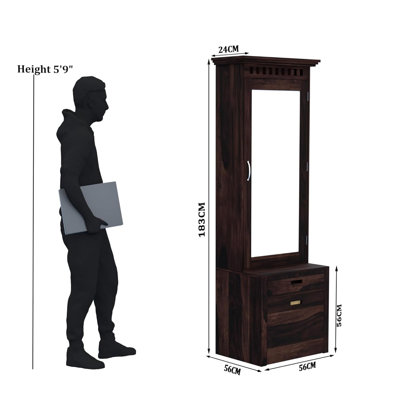 Wooden tall cabinet with dimensions shown relative to a standing person