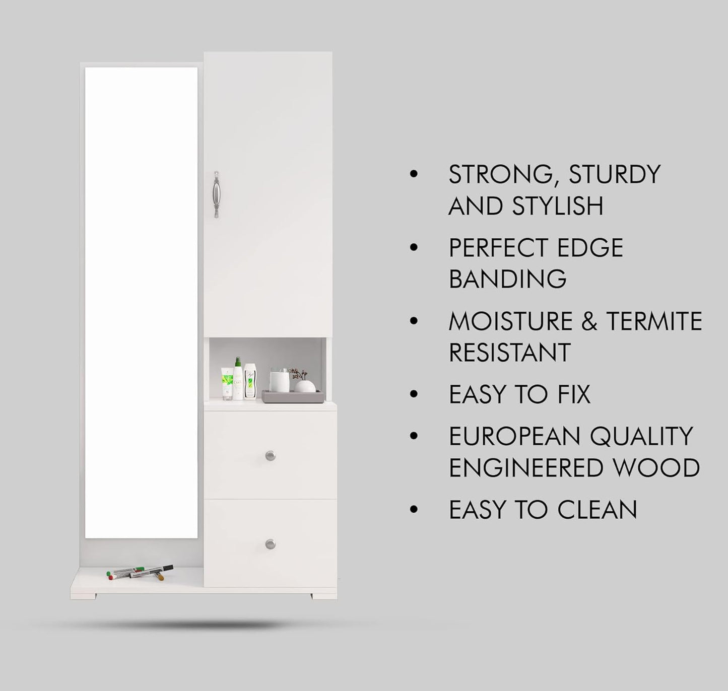 White wardrobe with mirror on a gray background, featuring text about product features.