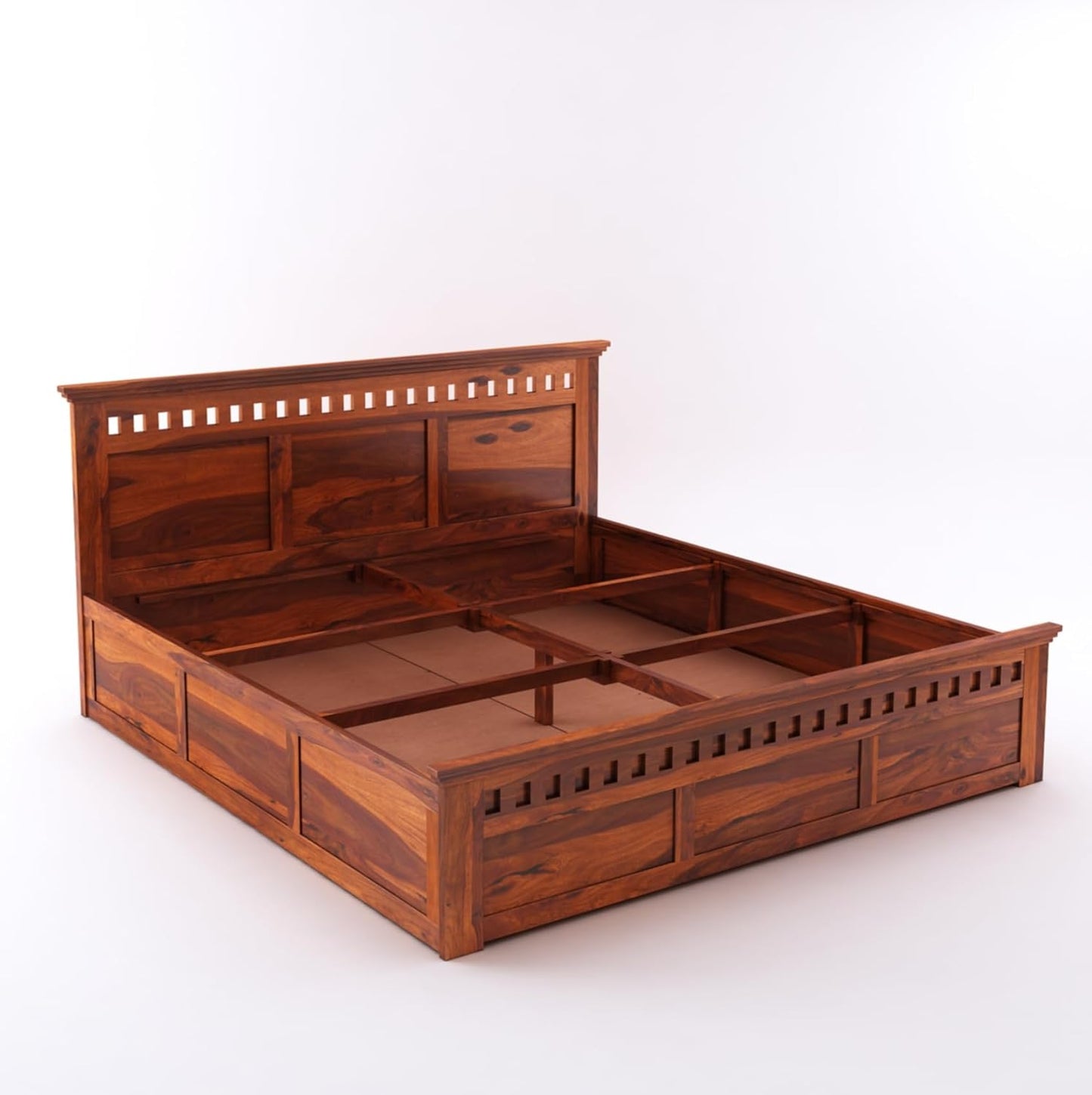 King Size Sheesham Wood Bed with Box Storage – Solid Wooden Double Bed Frame for Bedroom, Living Room, or Hotel (Honey Finish)