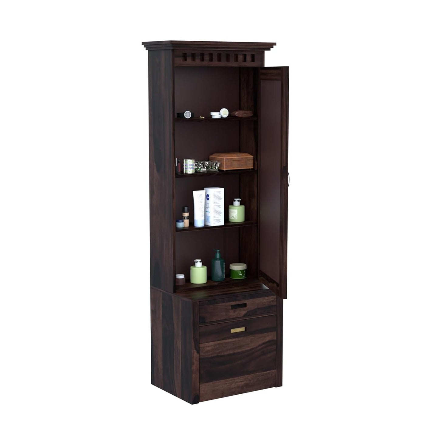 Wooden cabinet with open doors displaying various items on a white background