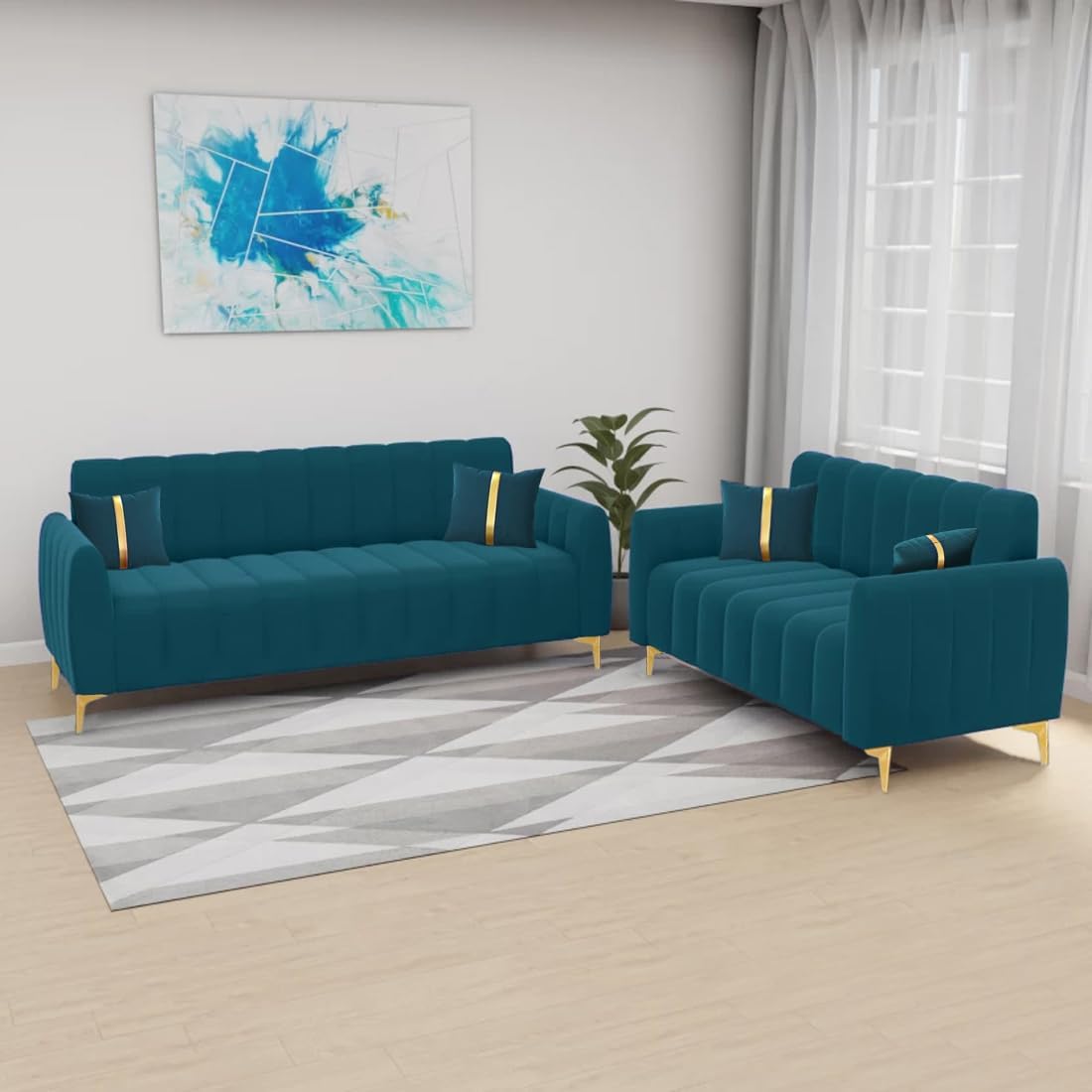 5 Seater Premium Fabric Sofa Set for Living Room (3+2, Teal Color)