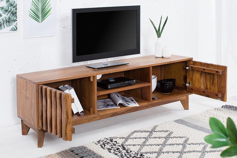 Wooden TV stand with a television on top, books, and magazines inside, in a room with a rug and plants.