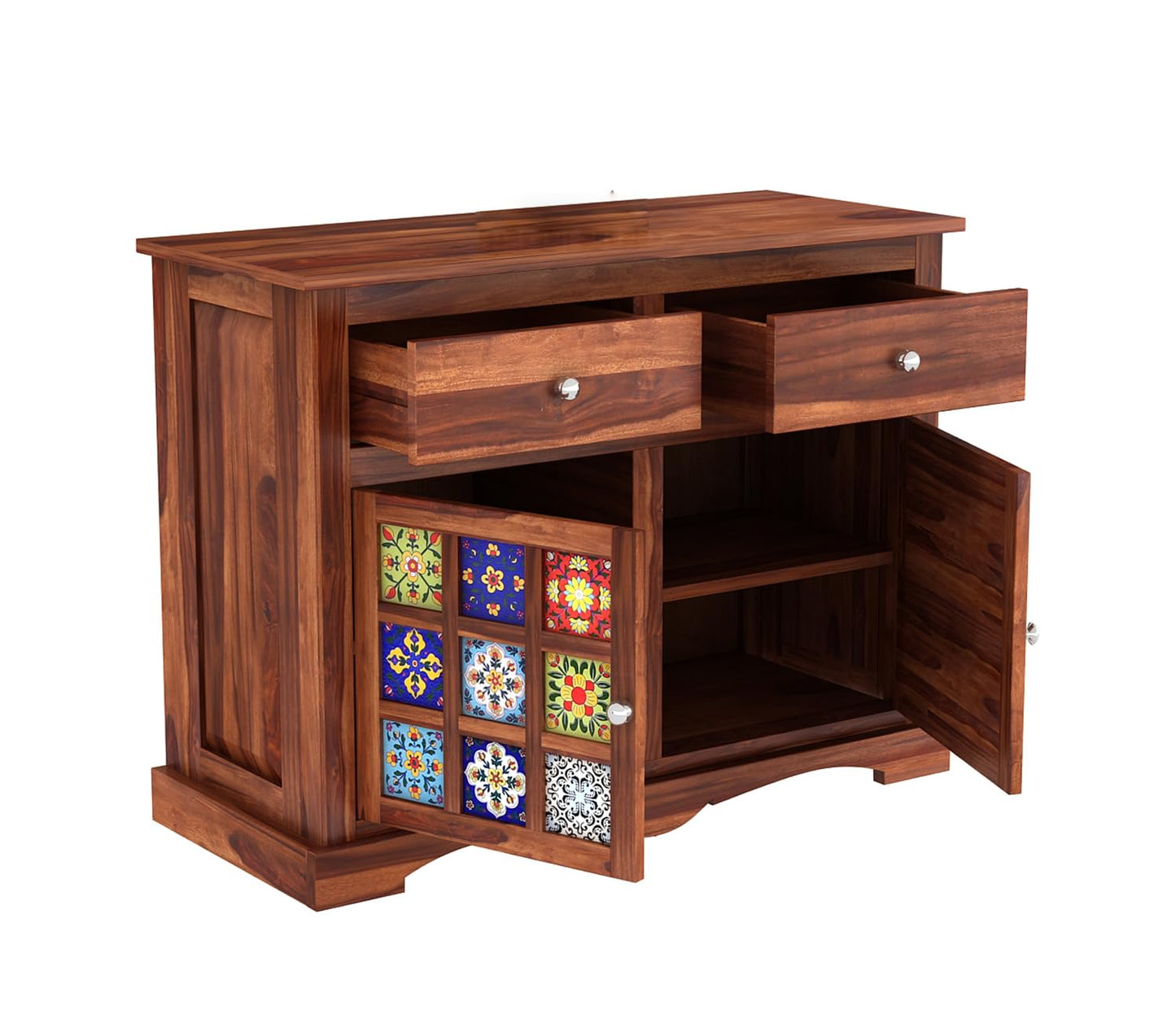 Wooden Cabinet in Solid Sheesham Wood – Sideboard with 2 Drawers & 2-Door Storage (Design 60)