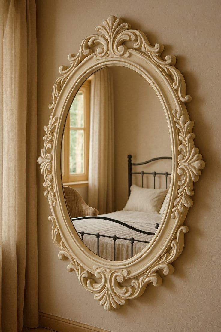 Decorative oval mirror with intricate frame on a beige wall