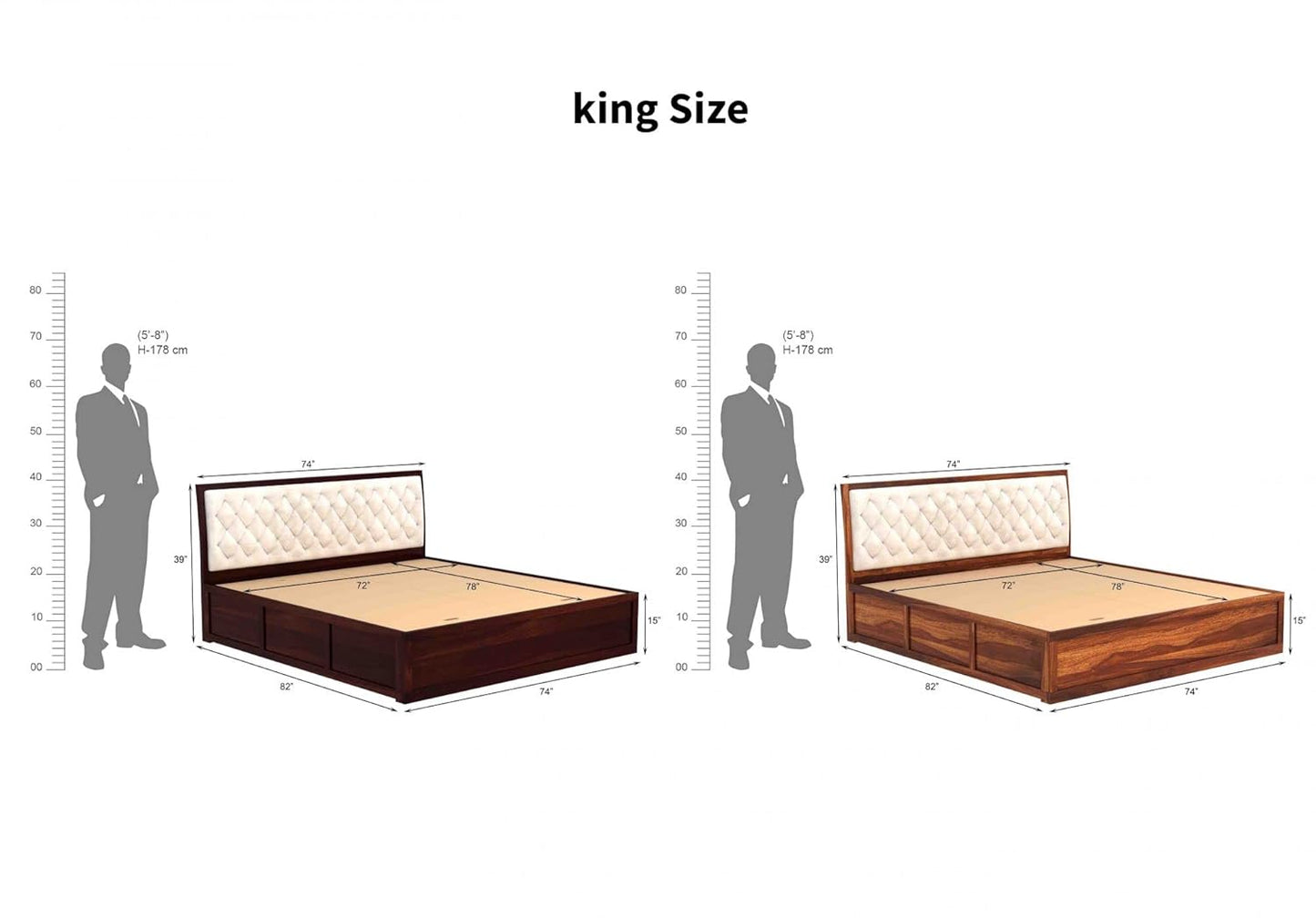 King Size Sheesham Wood Bed with Box Storage – Wooden Double Bed with White Upholstered Cushioned Headboard for Bedroom (Teak Finish), Supports Mattress up to 8 Inches