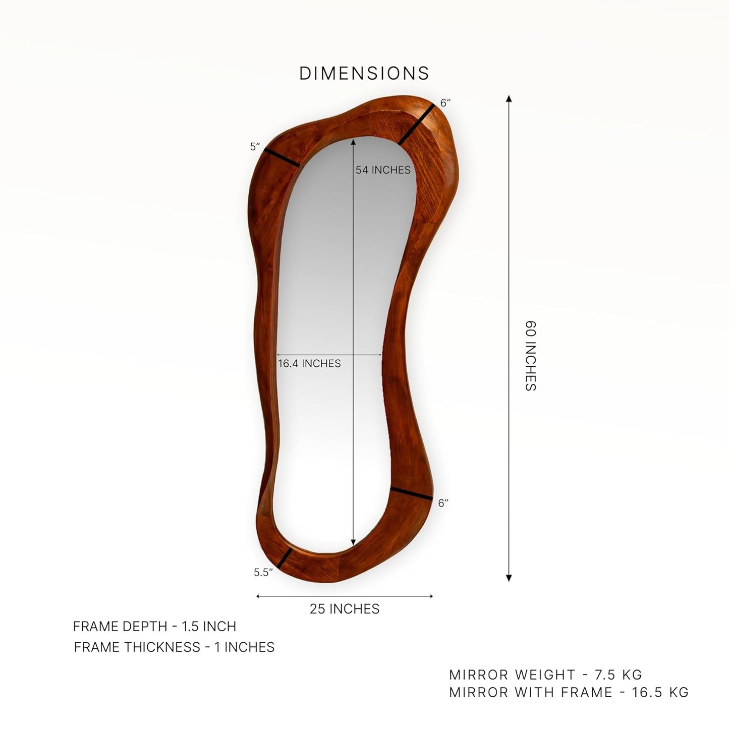 Wooden mirror with dimensions labeled on a white background