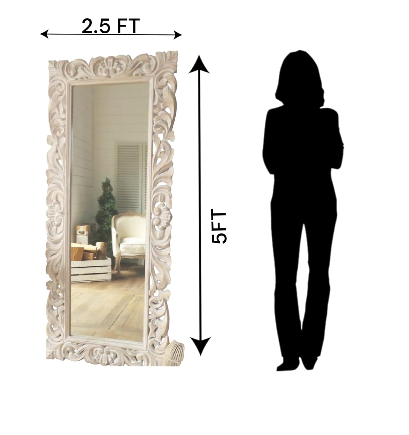 Decorative full-length mirror with dimensions and a silhouette of a person for scale.