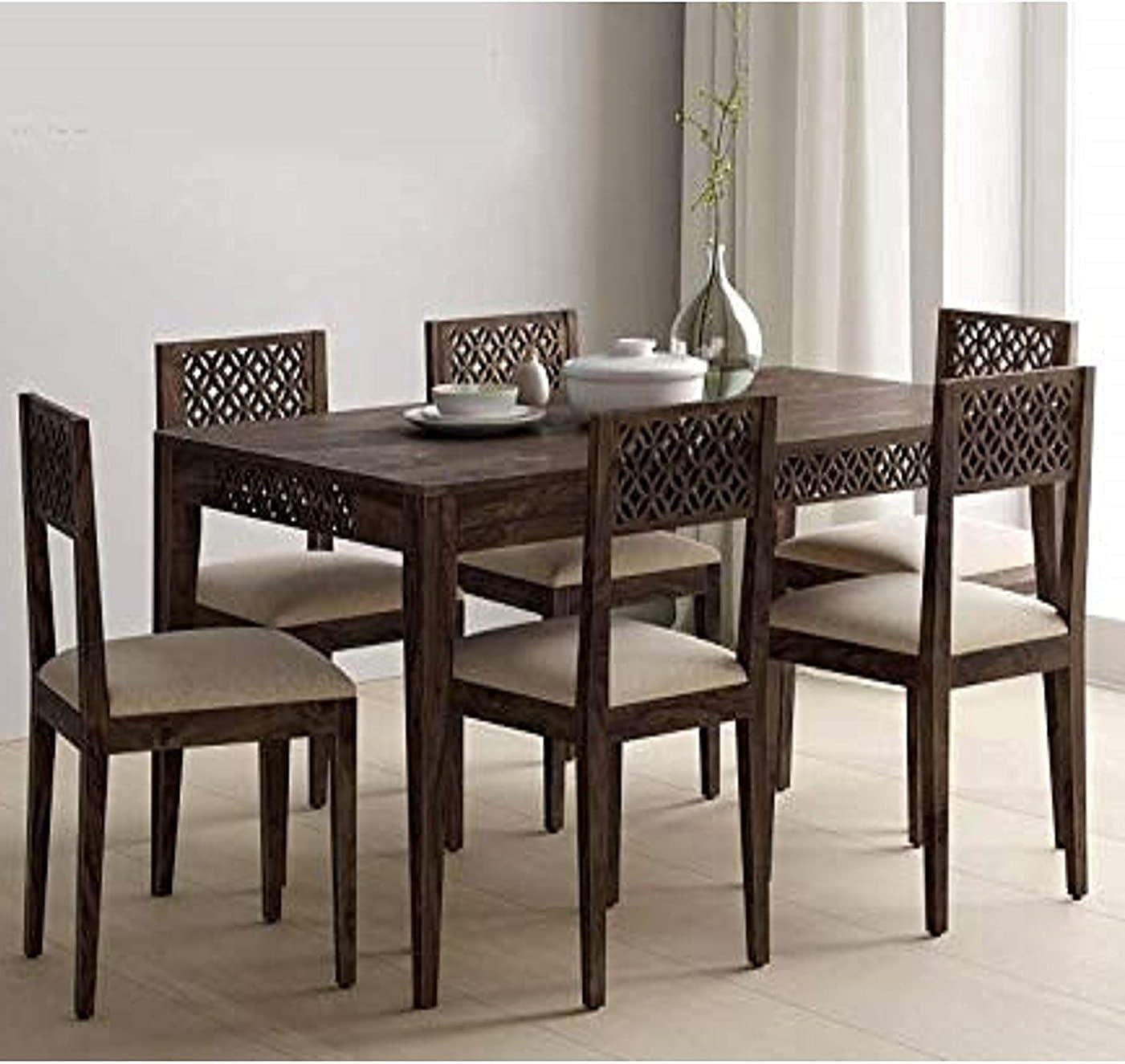 Solid Sheesham Wood 6 Seater Dining Table Set with Jute Fabric Chairs – Teak Brown Finish