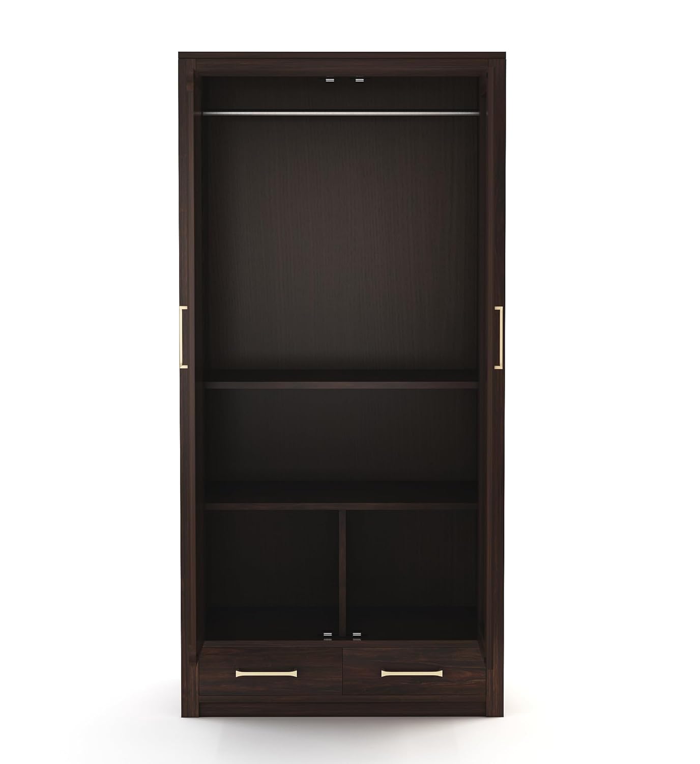 Dark wooden wardrobe with two shelves and two drawers on a white background