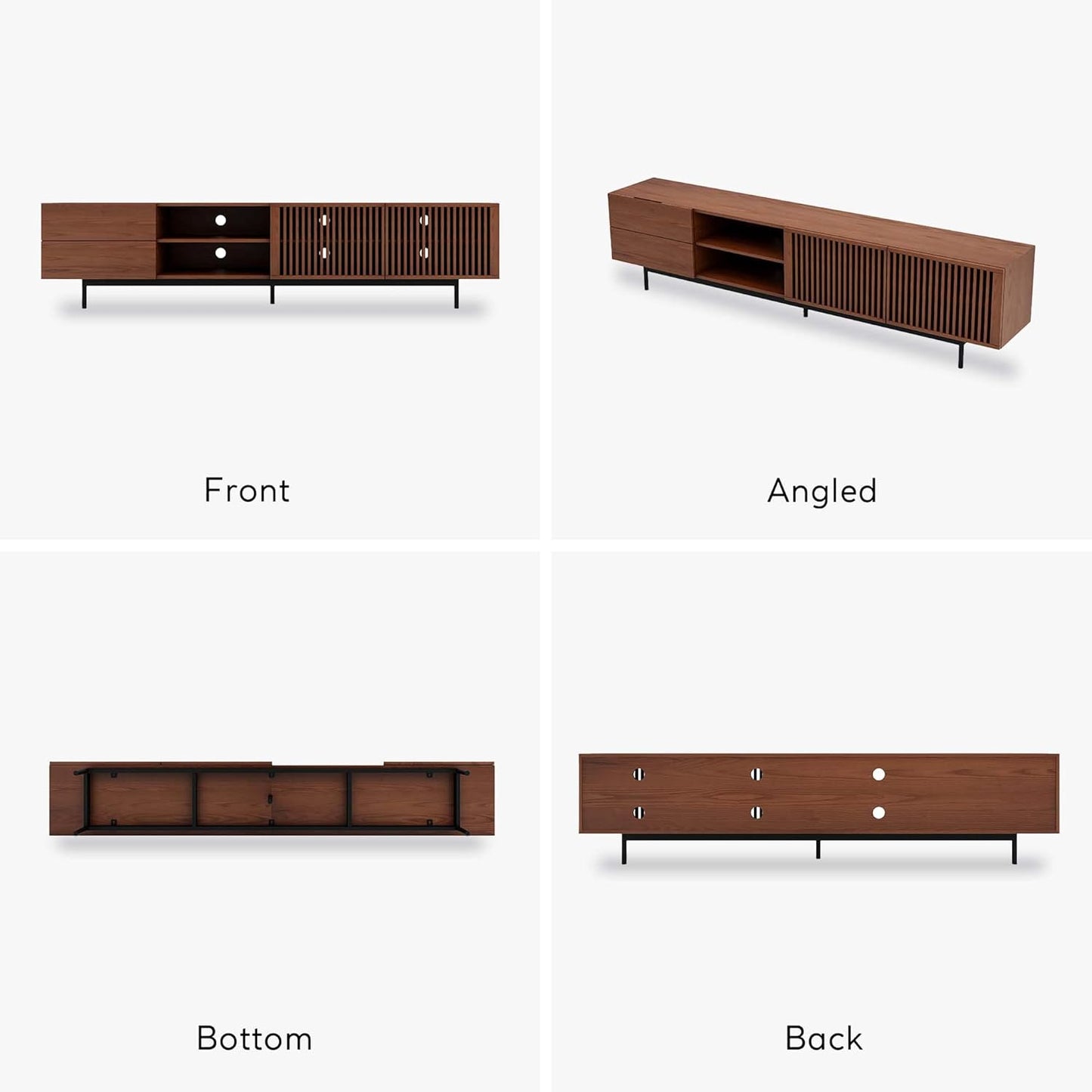 Wooden entertainment console shown from front, angled, bottom, and back perspectives on a white background.