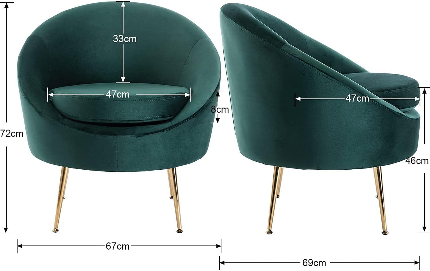 Green armchair with gold legs and dimensions labeled