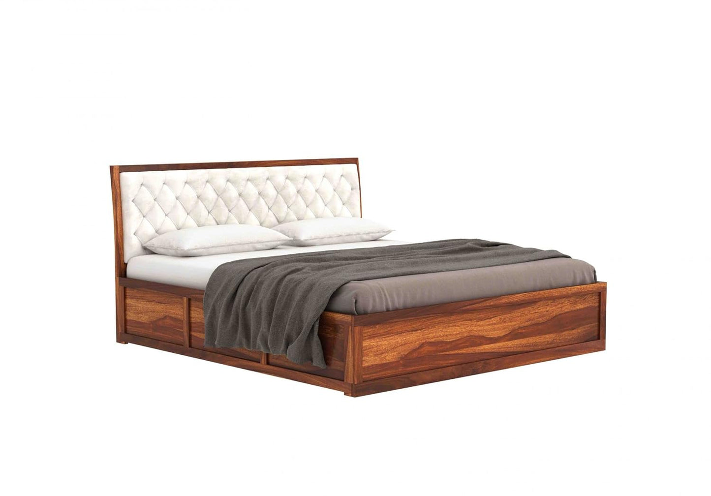 King Size Sheesham Wood Bed with Box Storage – Wooden Double Bed with White Upholstered Cushioned Headboard for Bedroom (Teak Finish), Supports Mattress up to 8 Inches