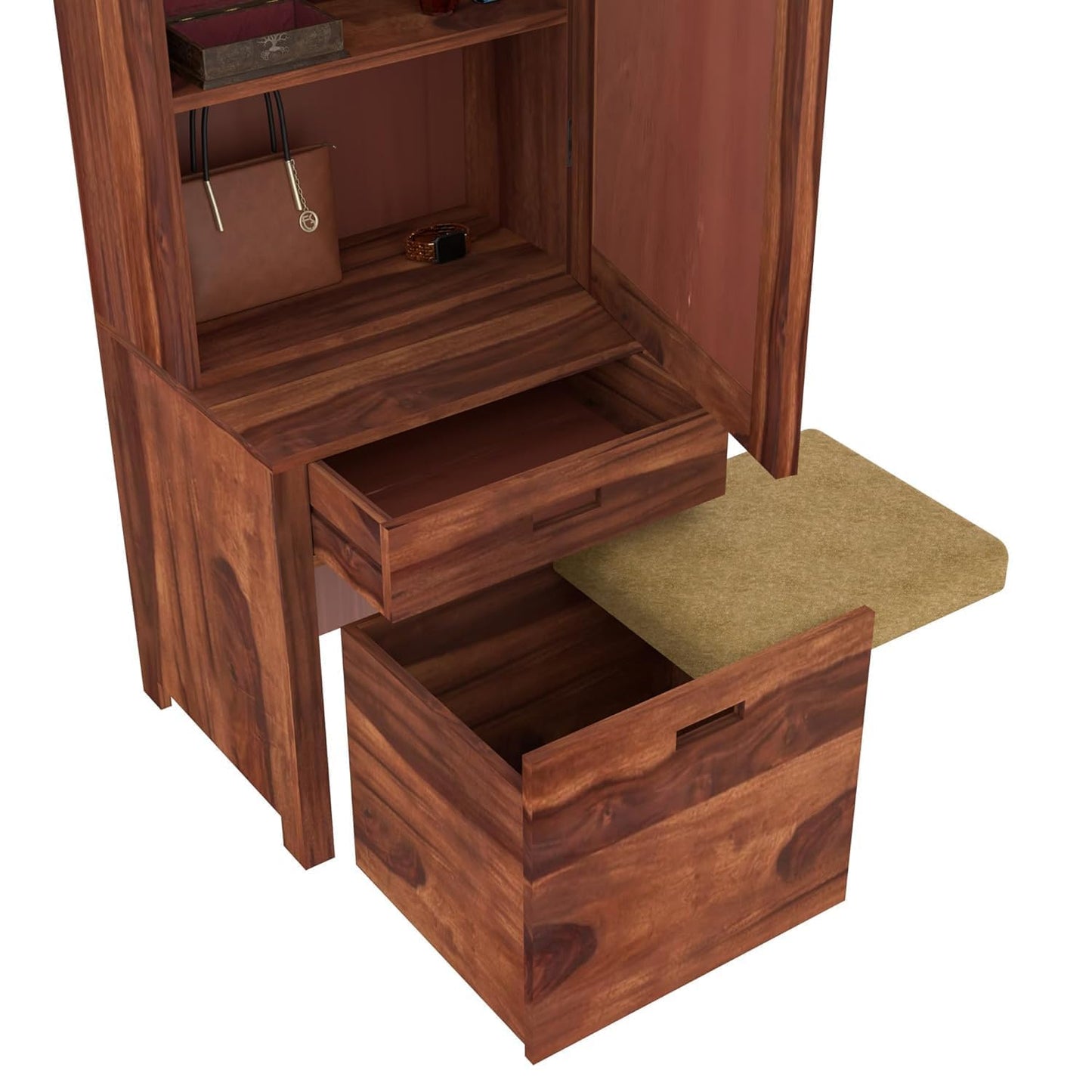 Wooden cabinet with open doors and drawers on a white background