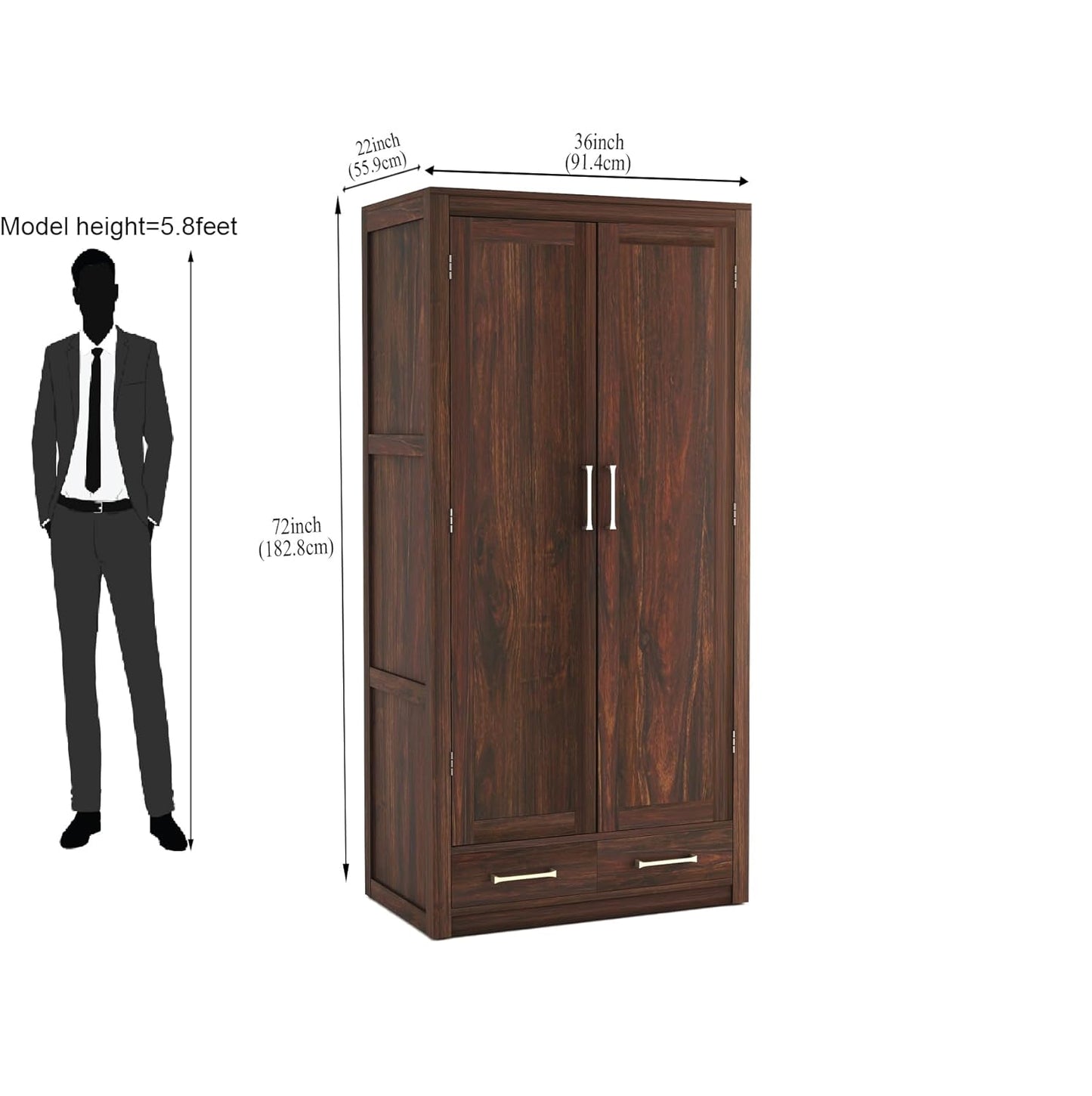 Wooden wardrobe with dimensions indicated by a standing person silhouette on a white background
