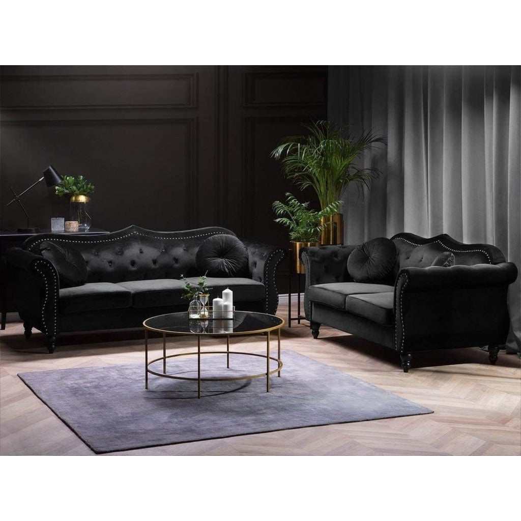 Wooden Vintage Chesterfield Living Room Set – 2-Piece Tufted Velvet Sofa Set (3+2 Seater)