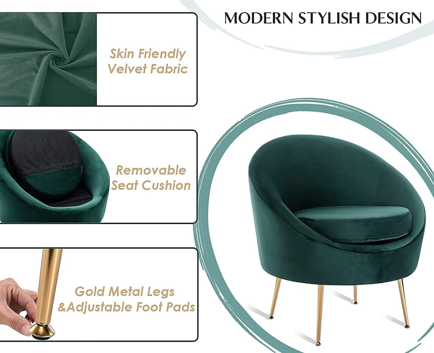 Teal chair with gold legs and adjustable foot pads, featuring skin-friendly velvet fabric and a removable seat cushion.