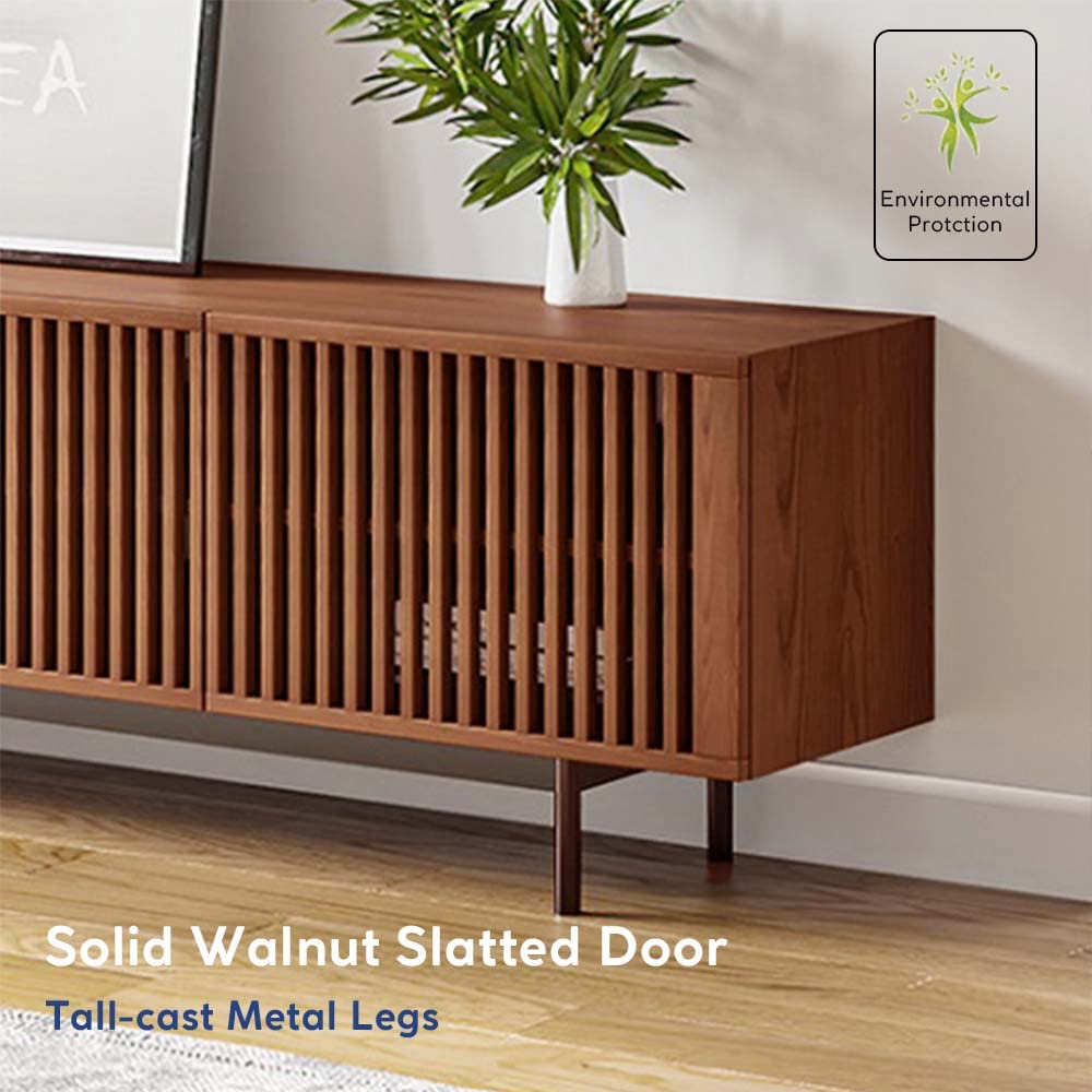 Wooden cabinet with slatted doors and metal legs in a room setting, featuring an Environmental Protection logo.