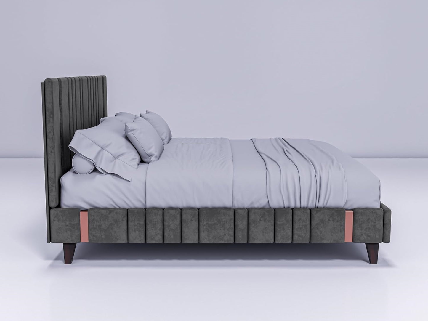 Modern Upholstered King Size Bed – Sheesham Solid Wood Double Platform Bed with Premium Fabric Upholstery for Bedroom (6.5 x 6 ft, Brown/Dark Grey with Copper Line)