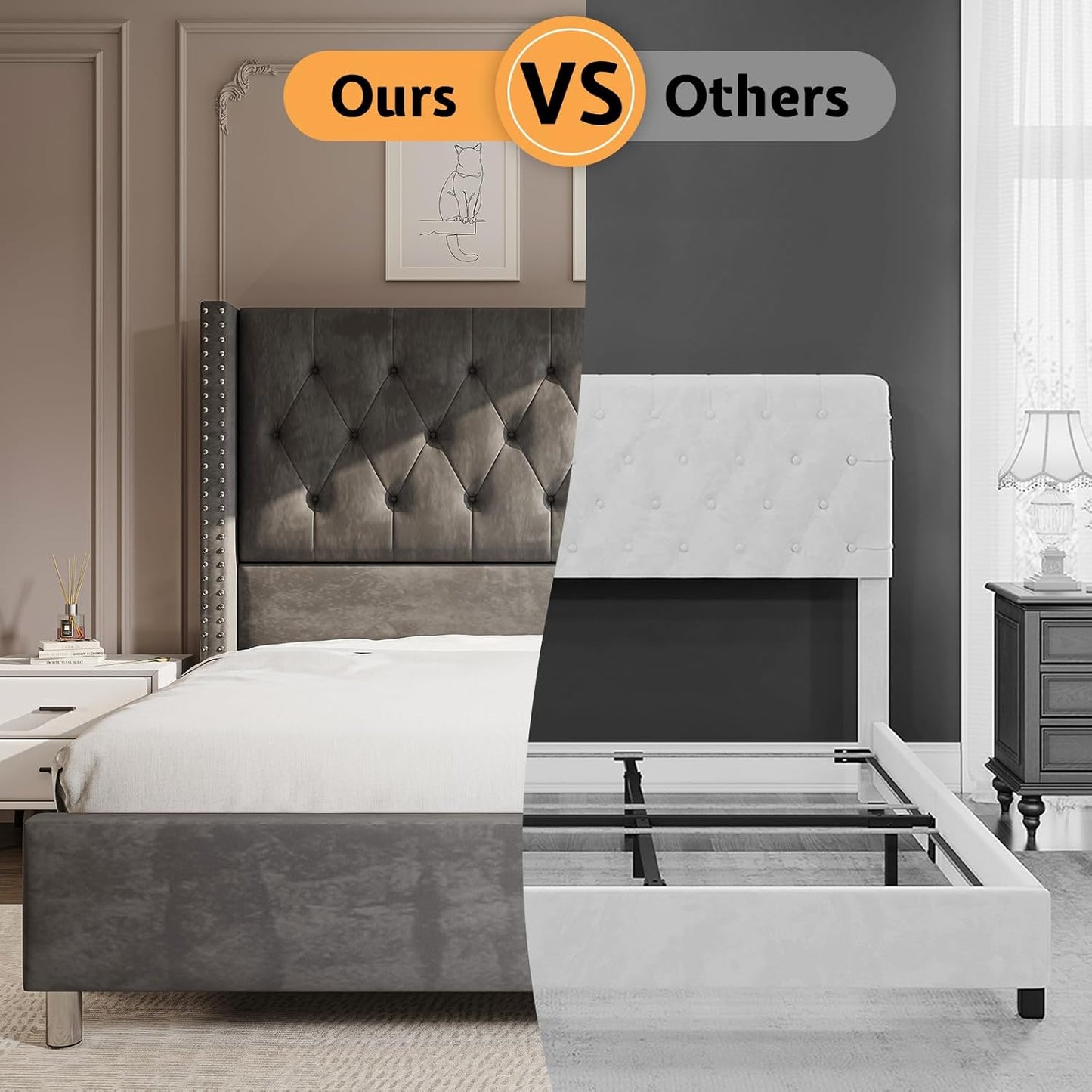 Queen Size Velvet Platform Bed Frame with Tufted Upholstery, Raised Wingback Headboard, Strong Wooden Slats, and Low Profile Design"