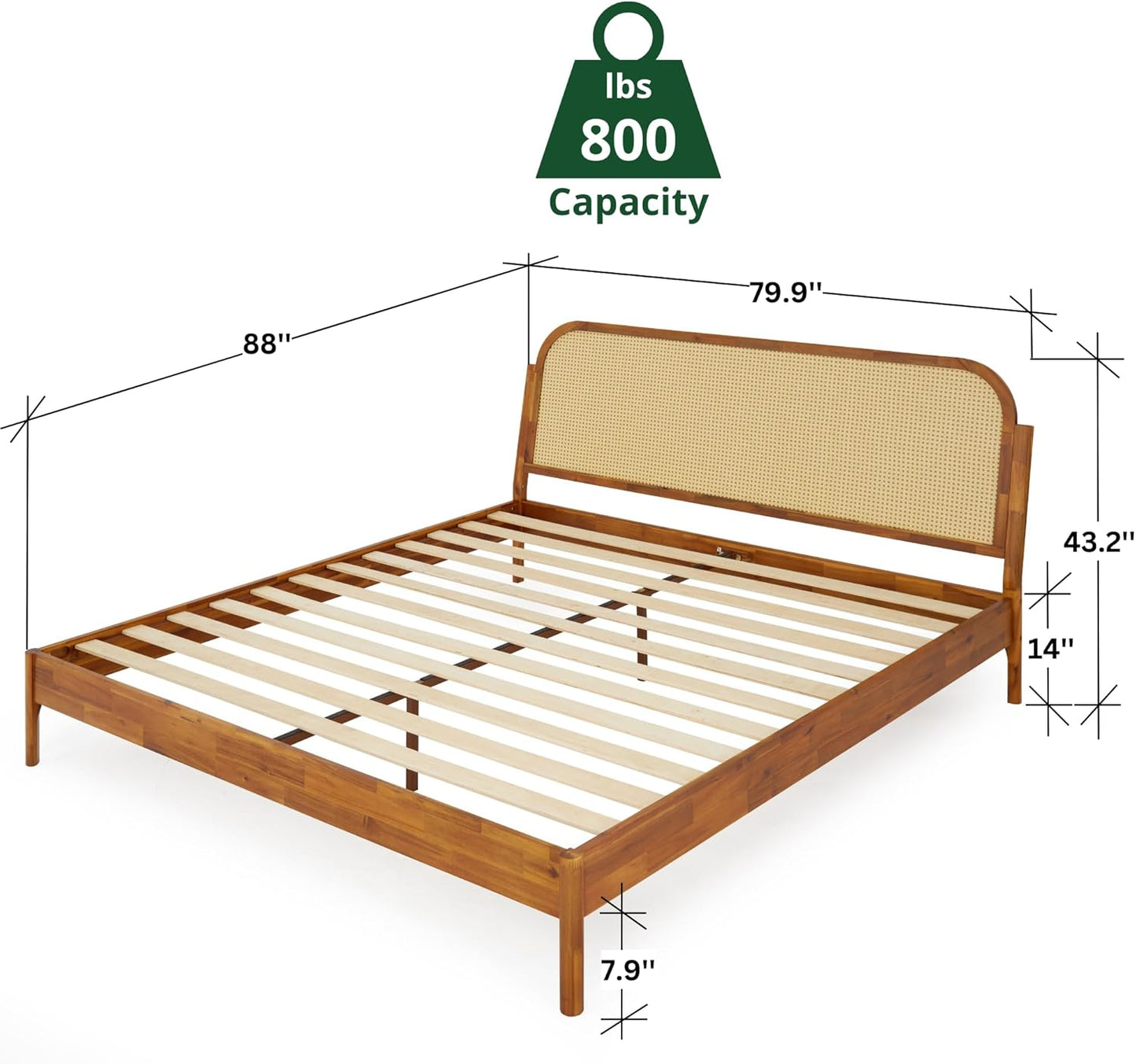 King Size Solid Wood Platform Bed Frame with Rattan Headboard, Bohemian & Mid-Century Modern Style
