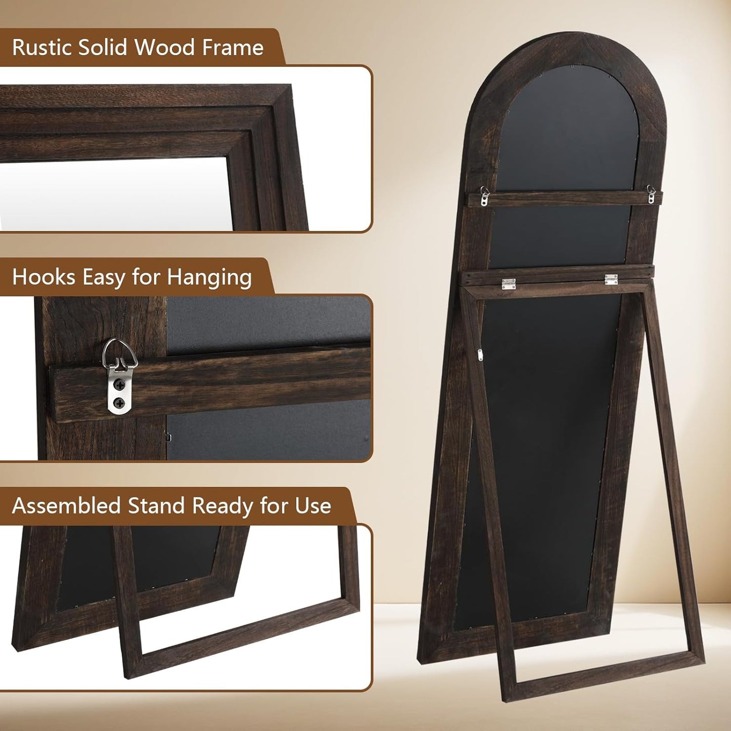 Rustic solid wood frame standing mirror with assembly details on a beige background