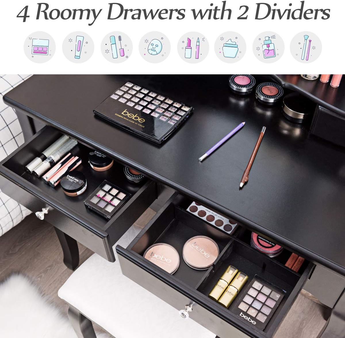 Black makeup vanity table with open drawers containing cosmetic products, labeled '4 Roomy Drawers with 2 Dividers'.