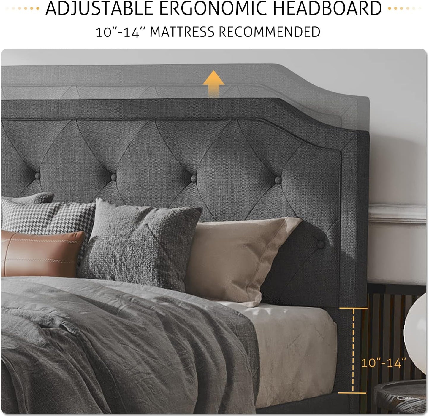 Full Size Upholstered Platform Bed with Curved Rhombic Button-Tufted Headboard – Dark Grey