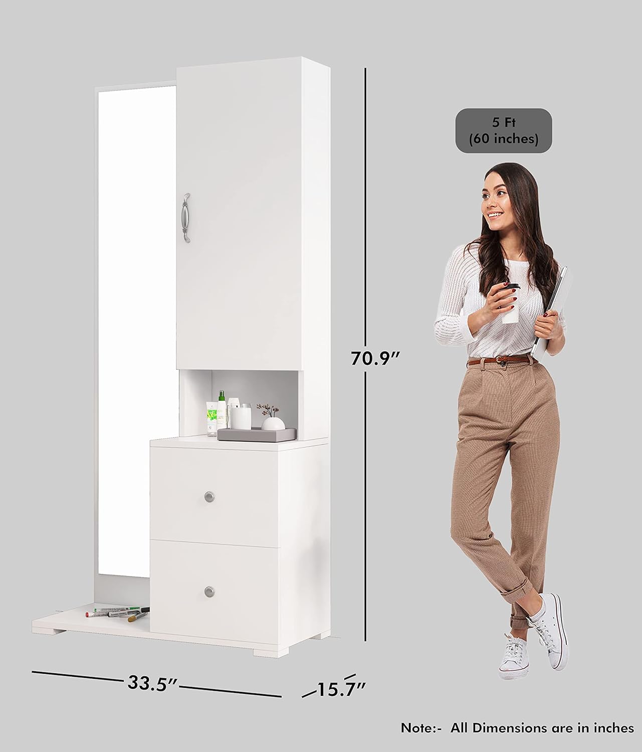 White wall-mounted cabinet with dimensions indicated by a woman standing next to it.