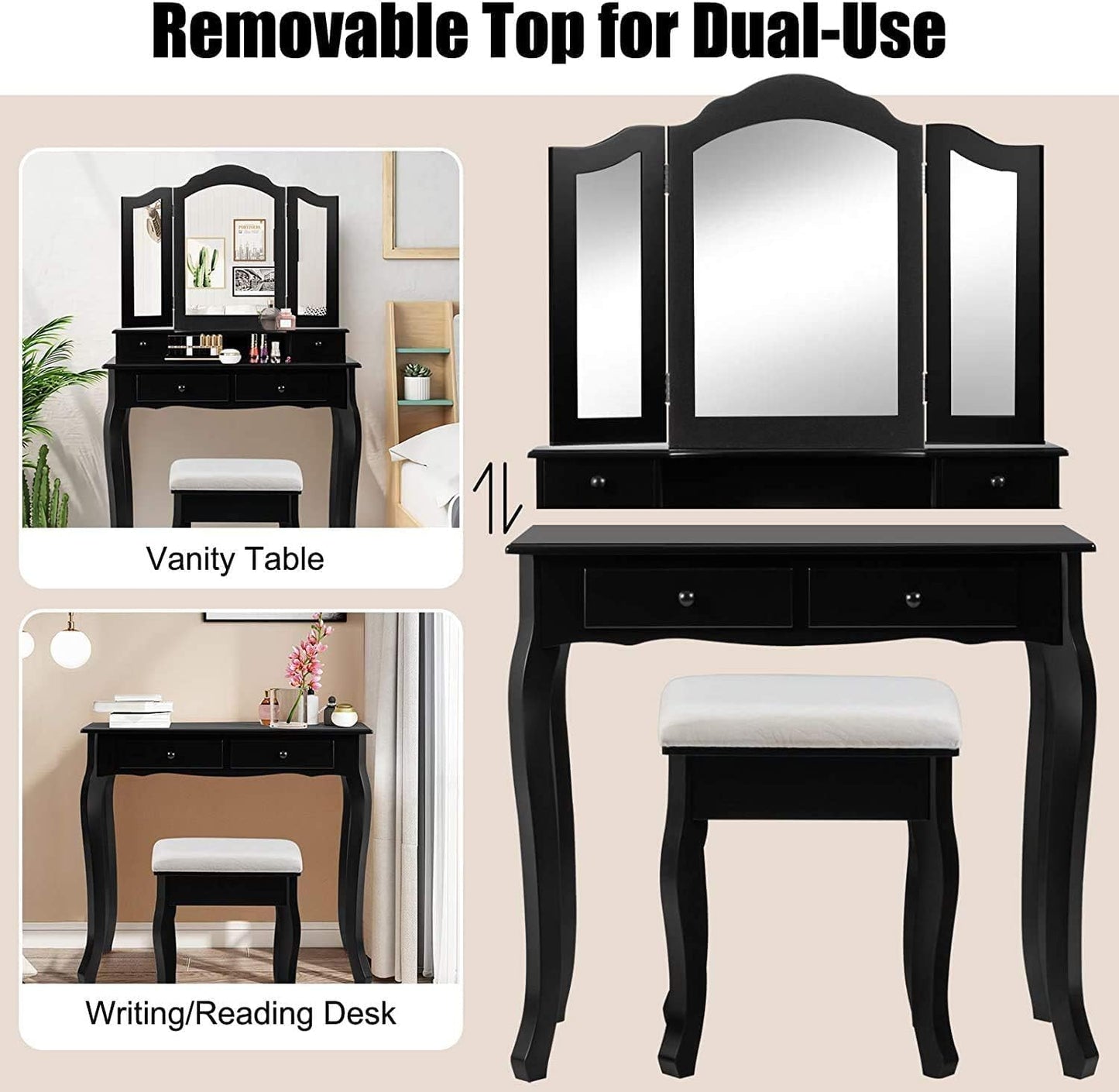 Black vanity table with a removable top, shown in dual-use as a vanity table and writing/reading desk.