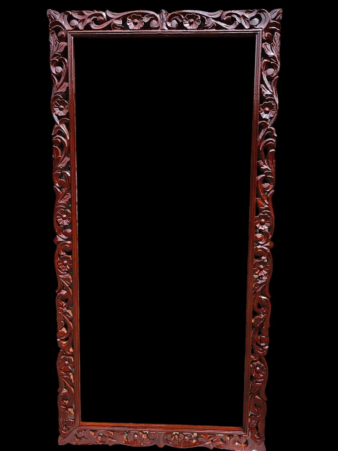 Full-Length Carved Wooden Mirror – 6x3 FT Rectangular Floor Standing or Wall-Mount Frame, Walnut Finish