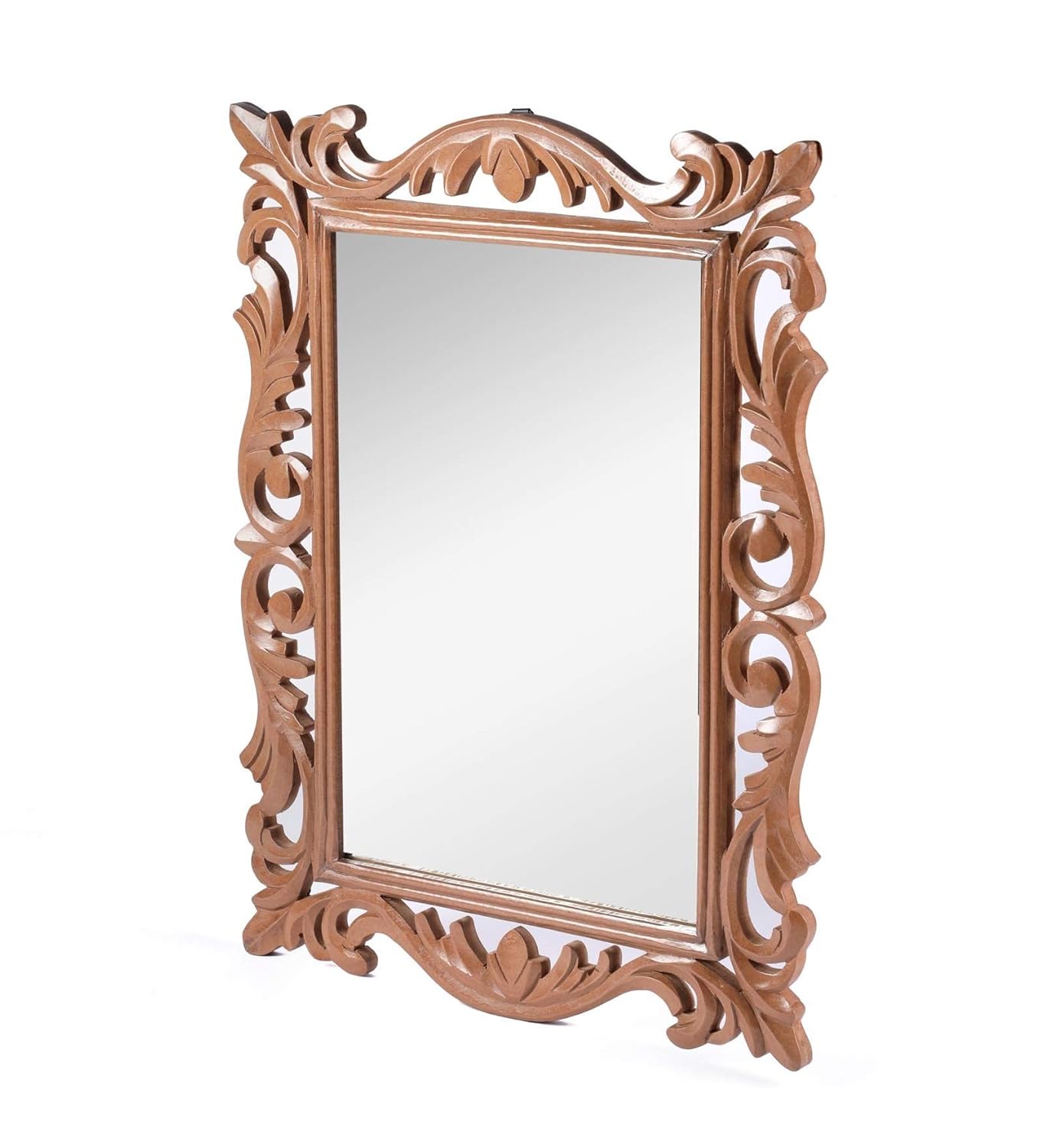 Decorative mirror with intricate brown frame on a white background