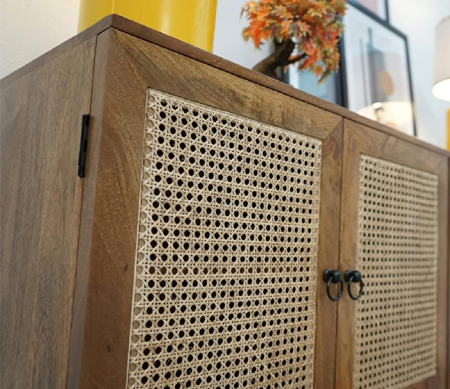 Wooden cabinet with woven design doors in a home setting